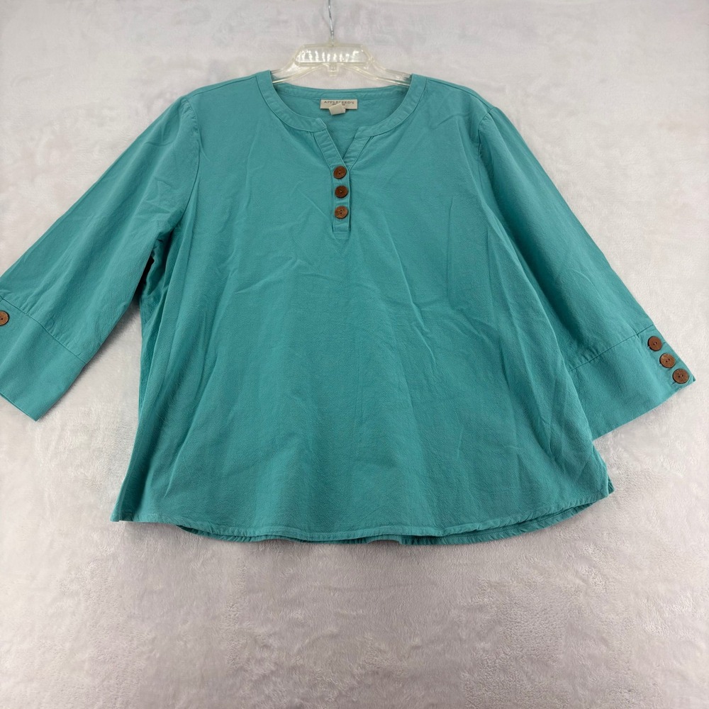 Appleseed's Petites Top Womens PXL Blouse Teal Cotton 3/4 Sleeve Button A25827